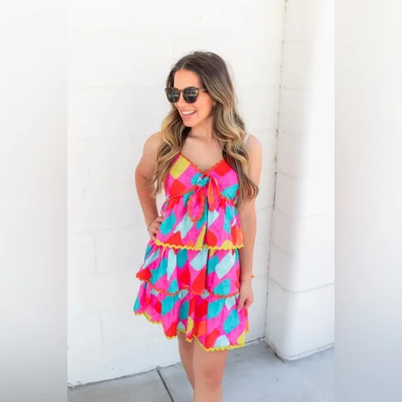 NWT Scrap work Pink Multi Geo Tiered Dress size L - Picture 2 of 8